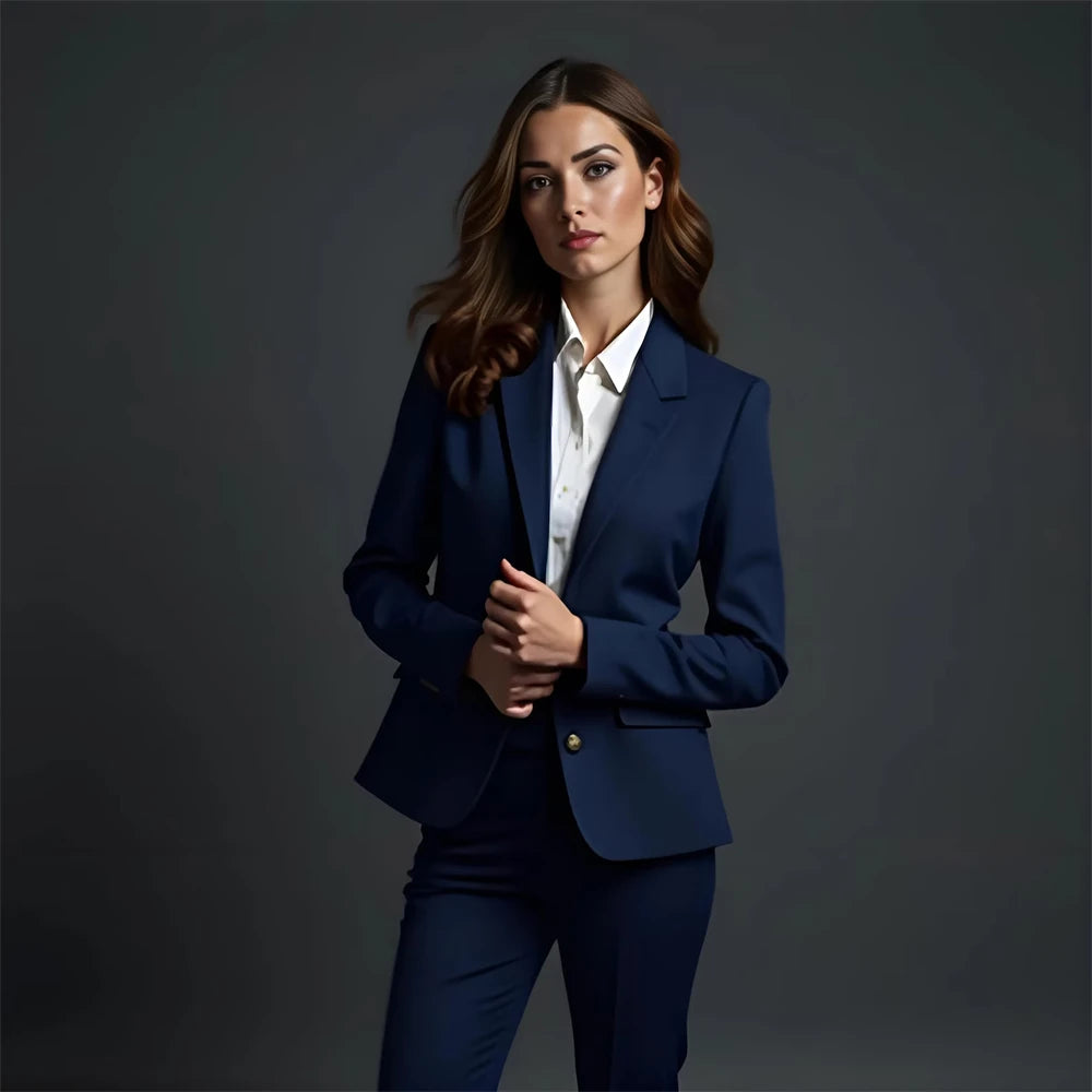 New Navy Blue Women's Suit 2 Pieces Tailored Blazer & Pants Set Formal Bridesmaid Cloth Lady Blazer Set (Jacket+Pants)
