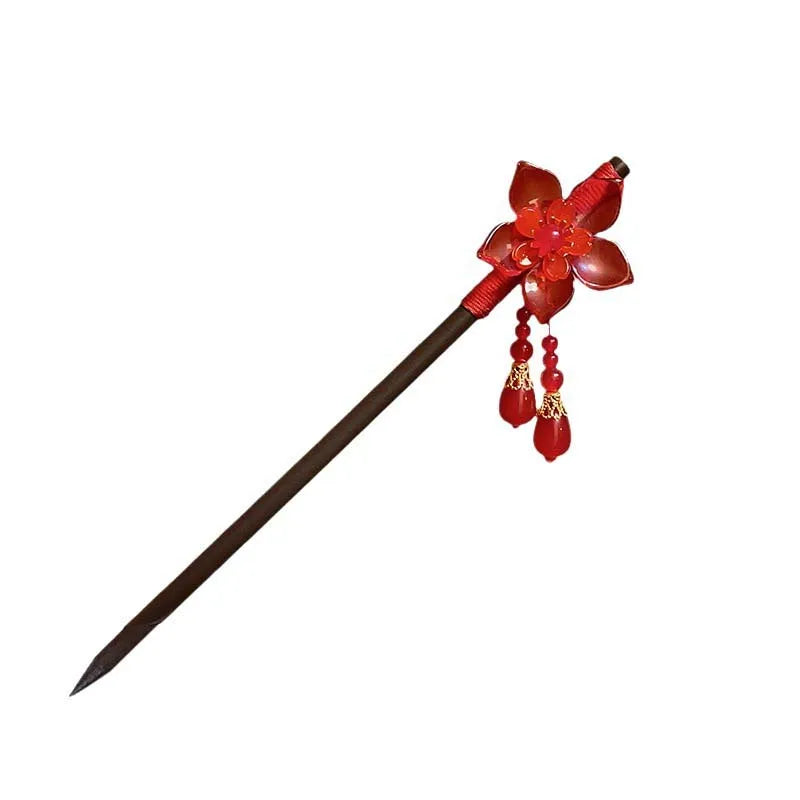 Red Floral Wooden Hanfu Hair Stick