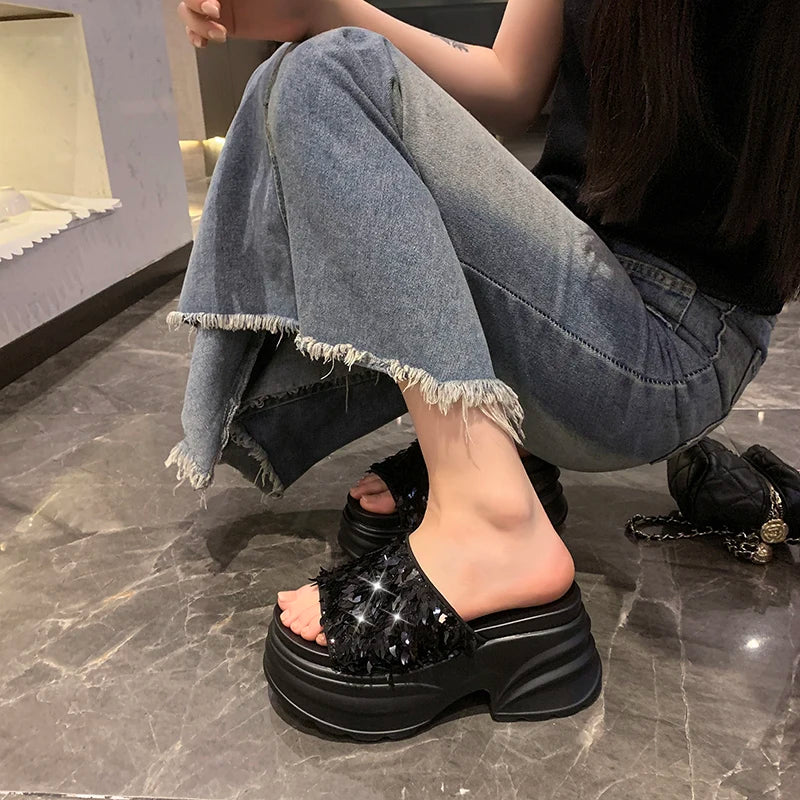Metallic Sequined Platform Wedge Sandals for Women