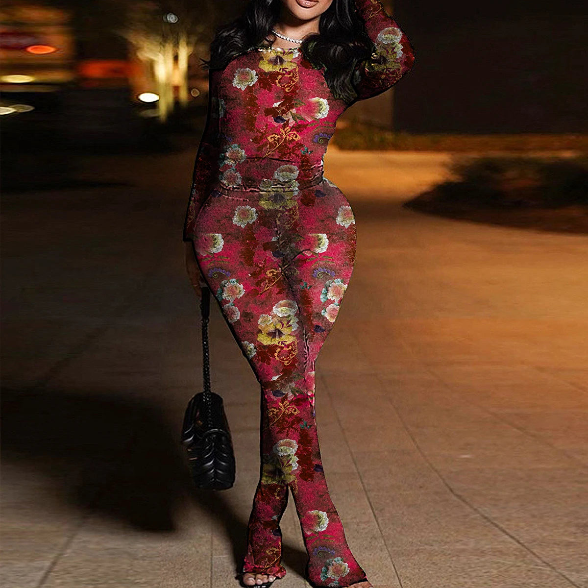 Casual Netted Print Fitted Top And Pants Set for Women