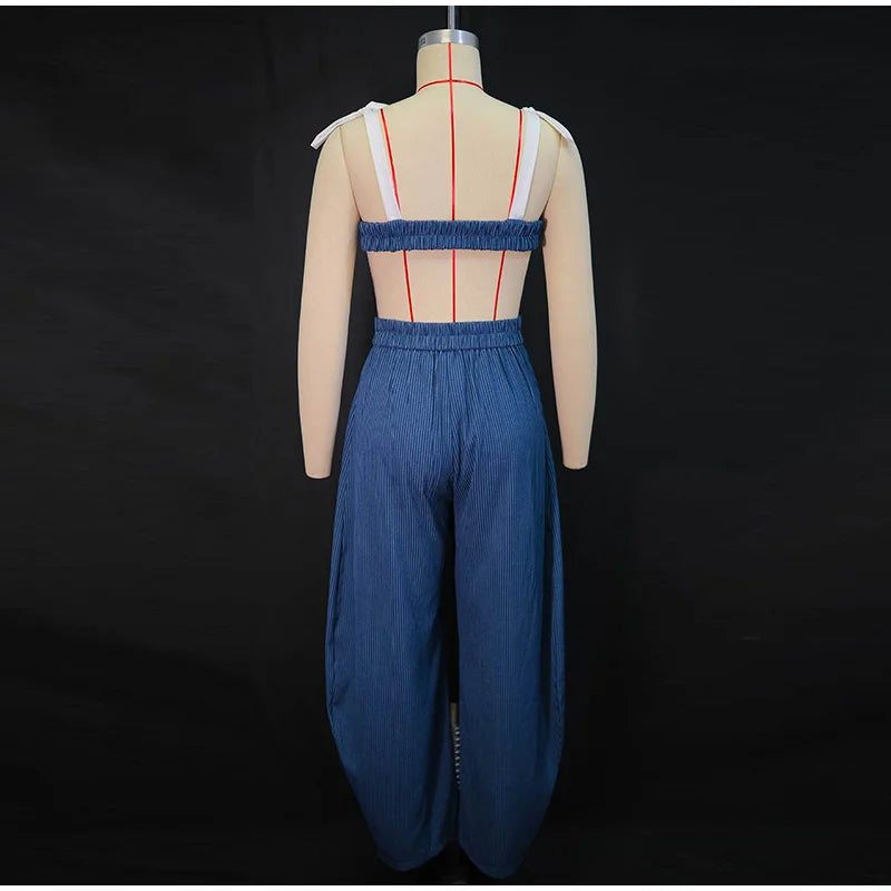 Contrast Striped Cotton Bralette And Pants Outfit for Women
