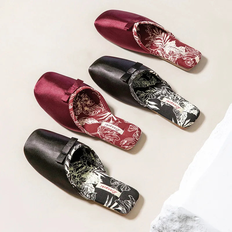 Elegant Silk Print Butterfly Knot Flat Slippers for Women