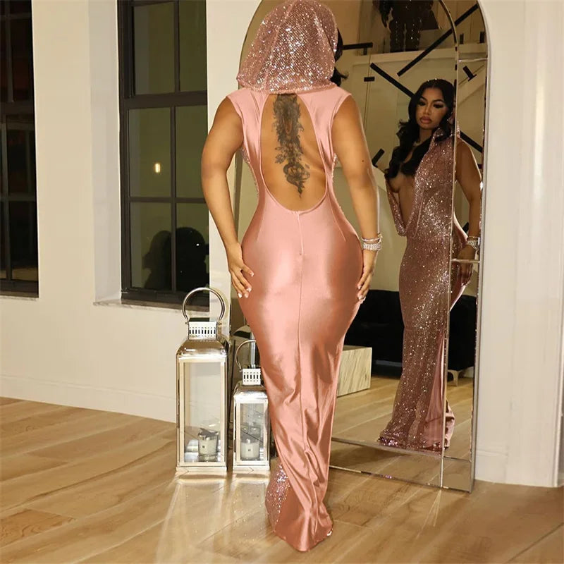 Sequined Mesh Sleeveless Deep V Neck Hooded Maxi Dress for Women