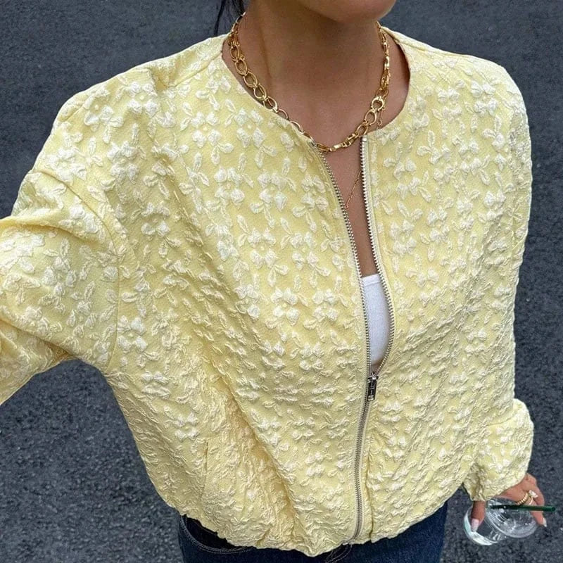 Fashion Loose Jacquard Top Coats Spring Casual O Neck Zipper Sports Jacket for Women Autumn Long Sleeve Cardigan Outerwear Mujer
