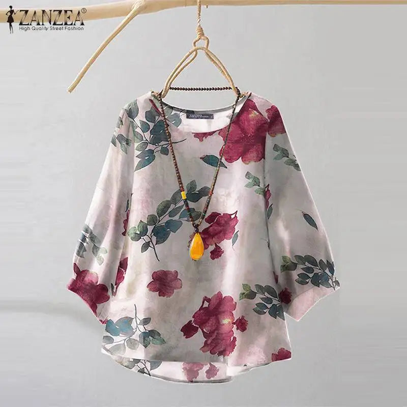 2024 Autumn 3/4 Puff Sleeve Tees ZANZEA Women Round Neck Tops Vintage Ethnic Style T Shirt Holiday Floral Printed Smock Blouse