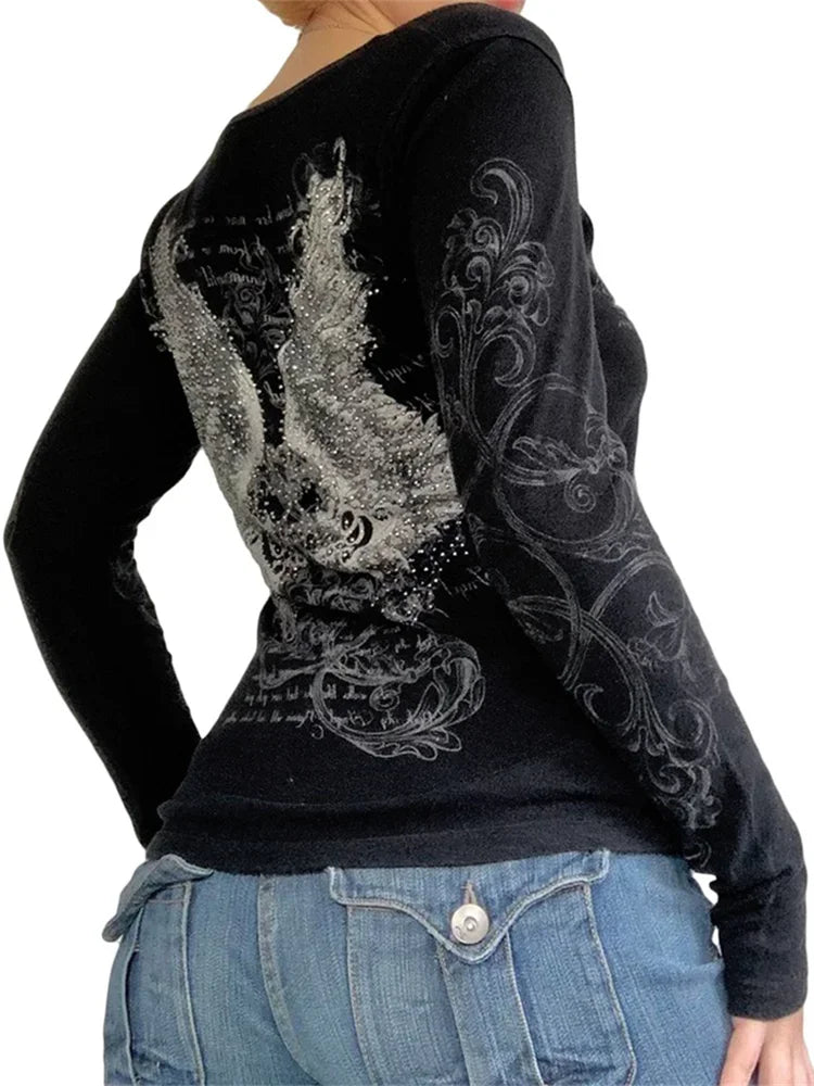 Gothic Rhinestone Graphic Long Sleeve Tee for Women