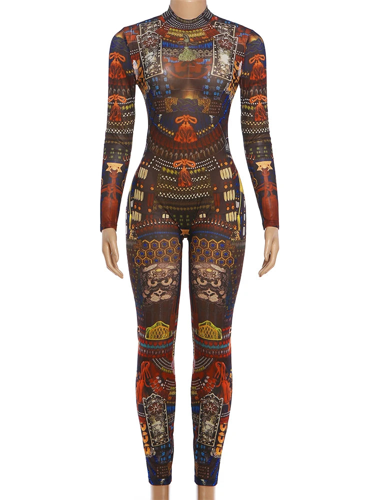 Midnight Stretch See Through Round Neck Zip Jumpsuit for Women