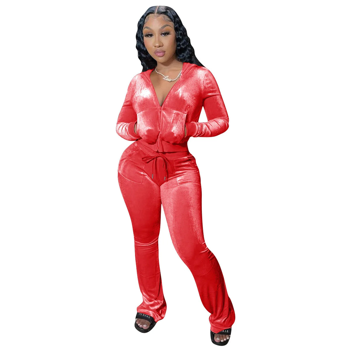 Hooded Zip Top And High Waist Pants Outfit Set for Women
