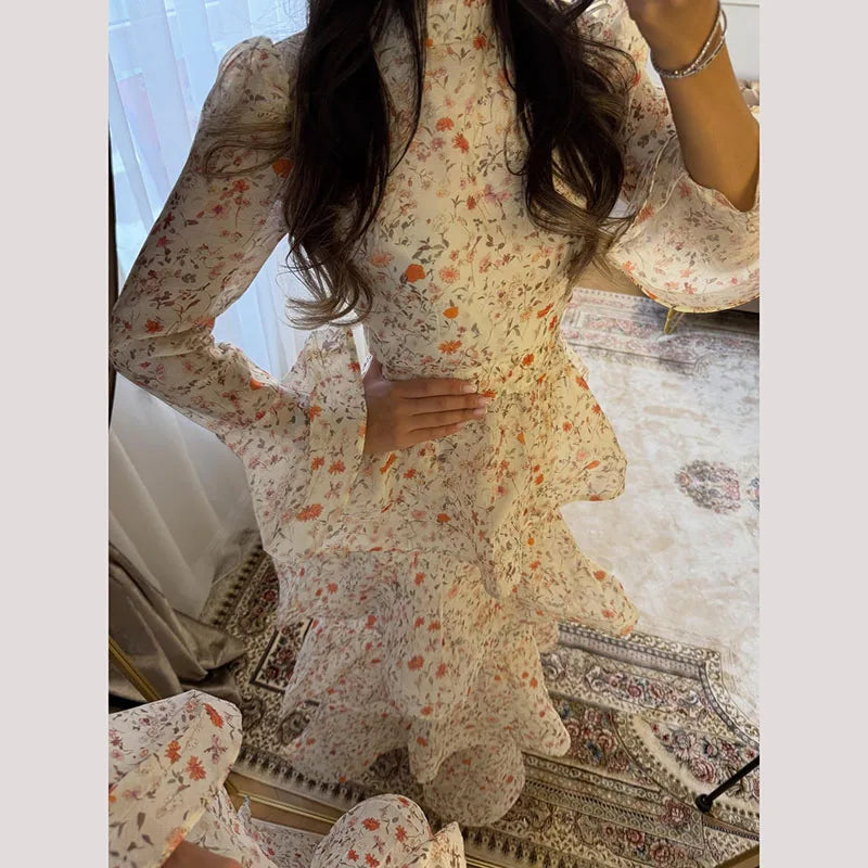 Chic Floral Bell Sleeve Floor-Length Dress For Women