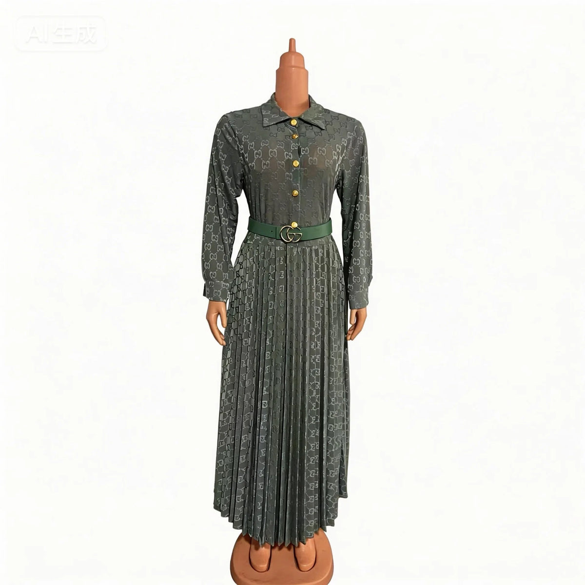 Pleated A Line Long Sleeve Ankle Length Dress for Women