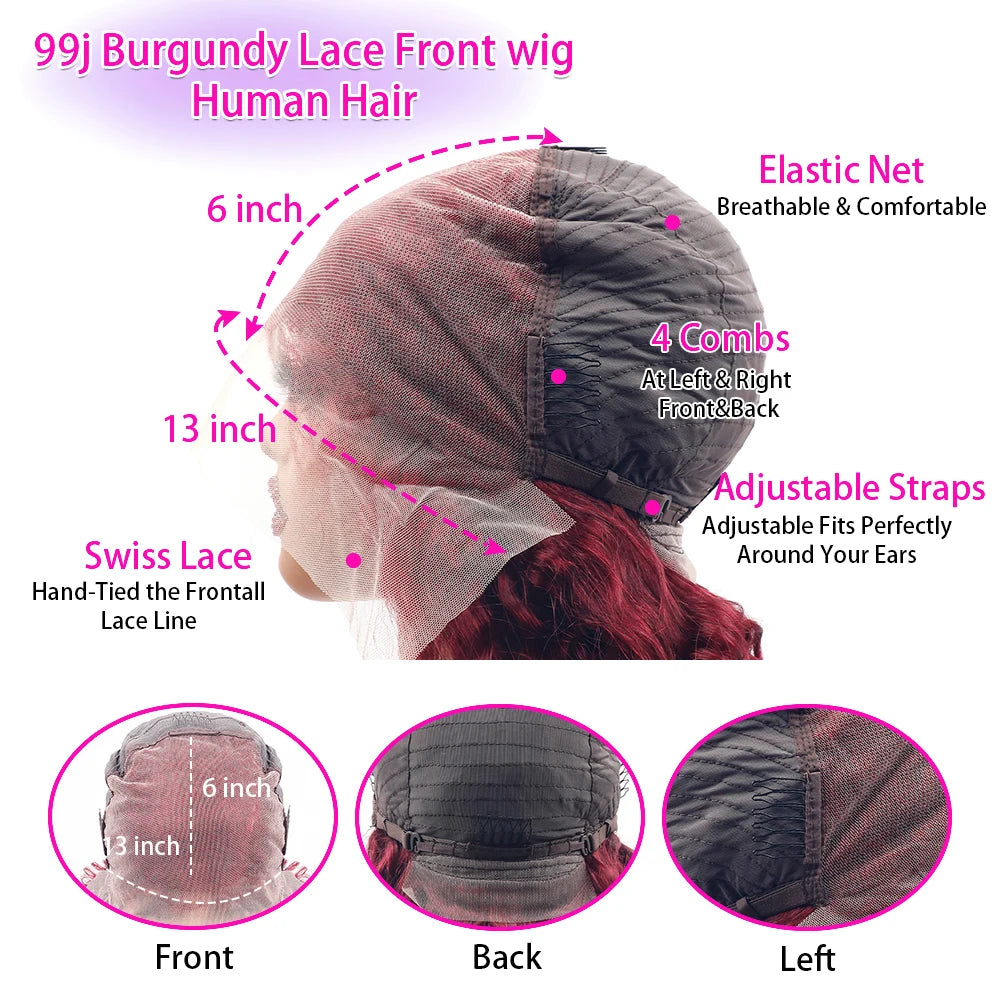 Luxury Burgundy Body Wave Lace Front Human Hair Wig For Women
