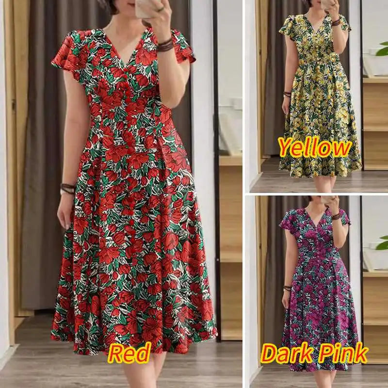 Floral V-Neck Ruffle Sleeve Midi Dress