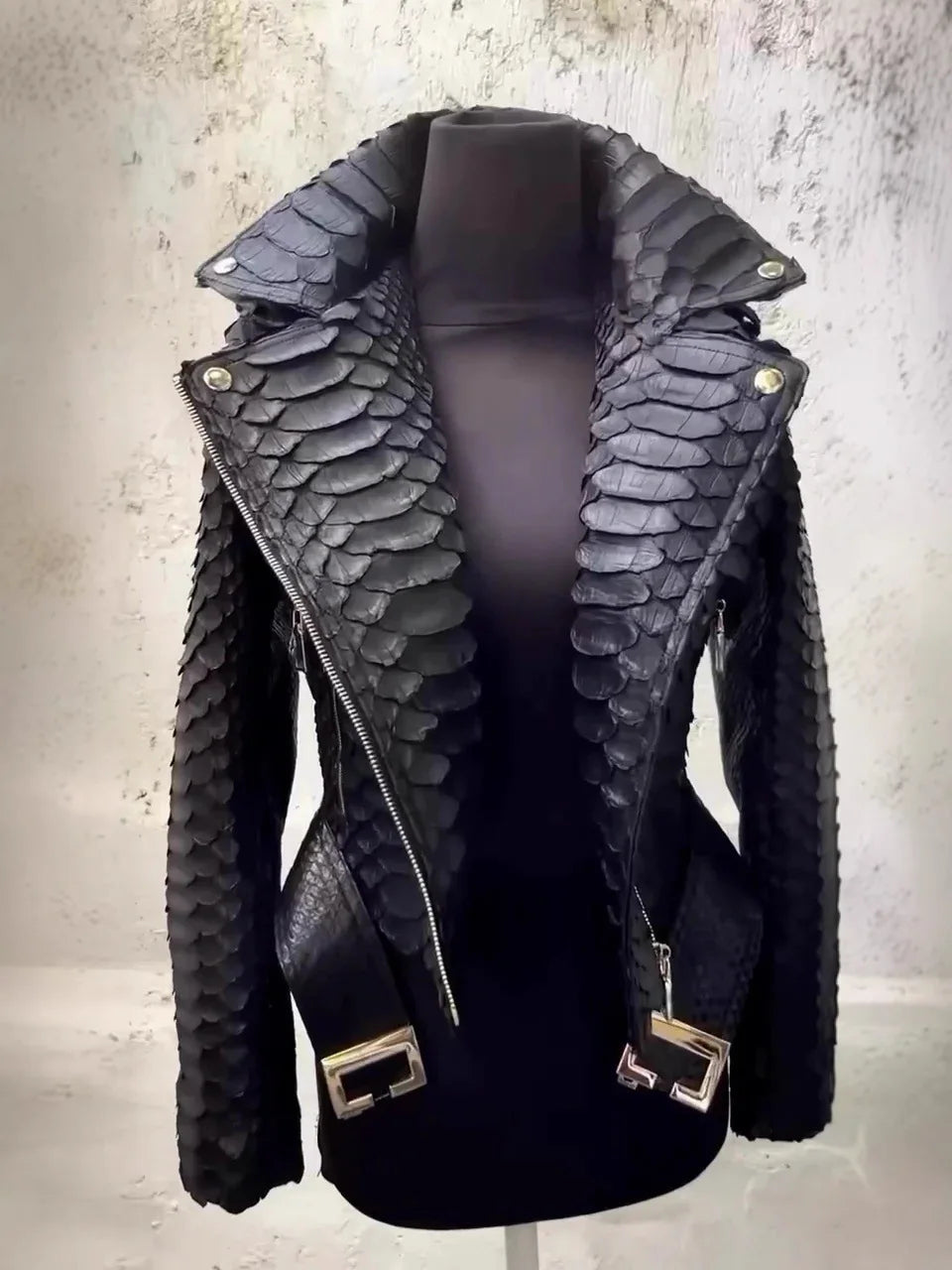 Black Faux Snakeskin PU Leather Zipper Jacket for Women