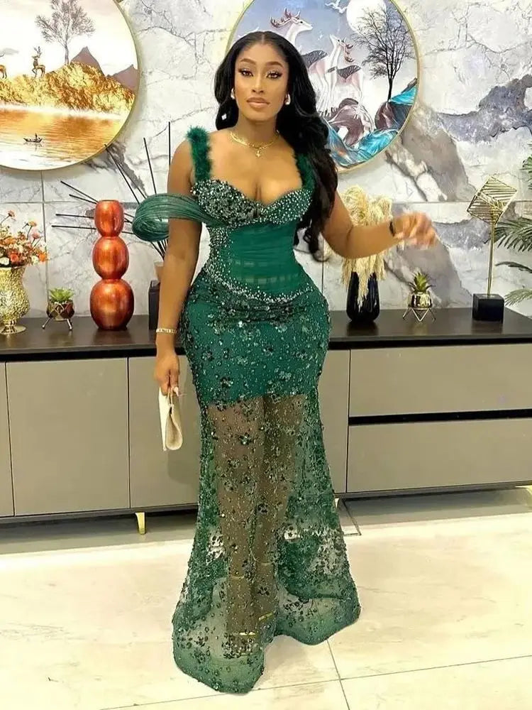 Emerald Halter Beaded Feather Prom Dress