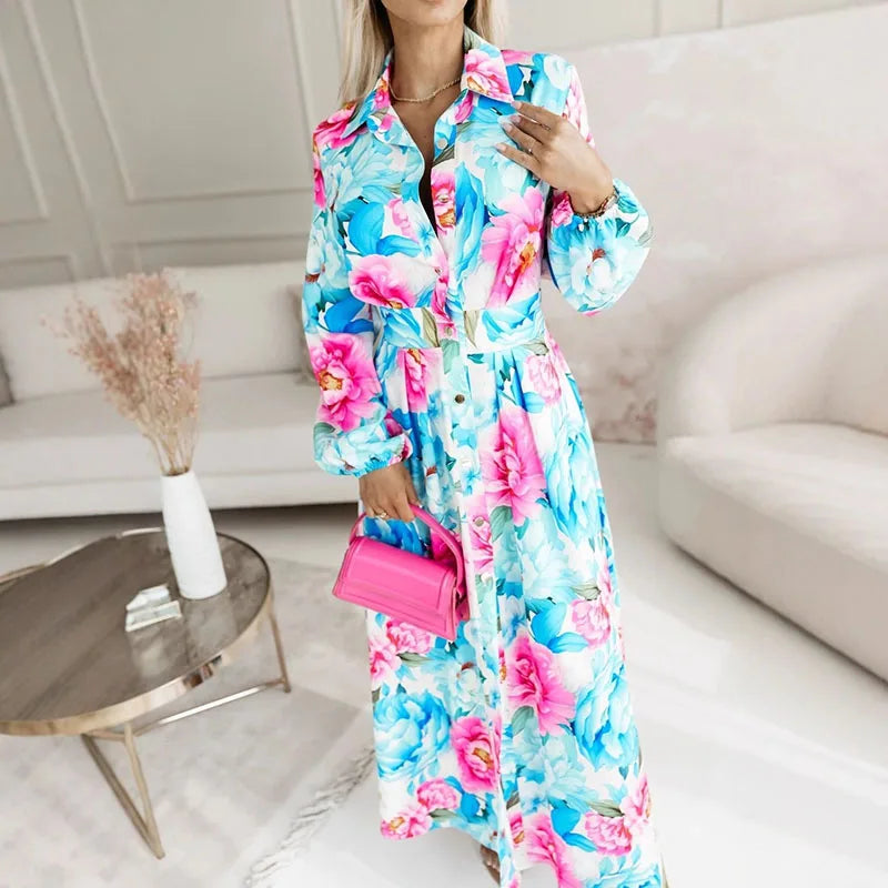 Elegant Turn-down Collar Button Split Long Dress Women Retro Floral Print Office Shirt Dress Autumn Long Sleeve Loose Maxi Dress