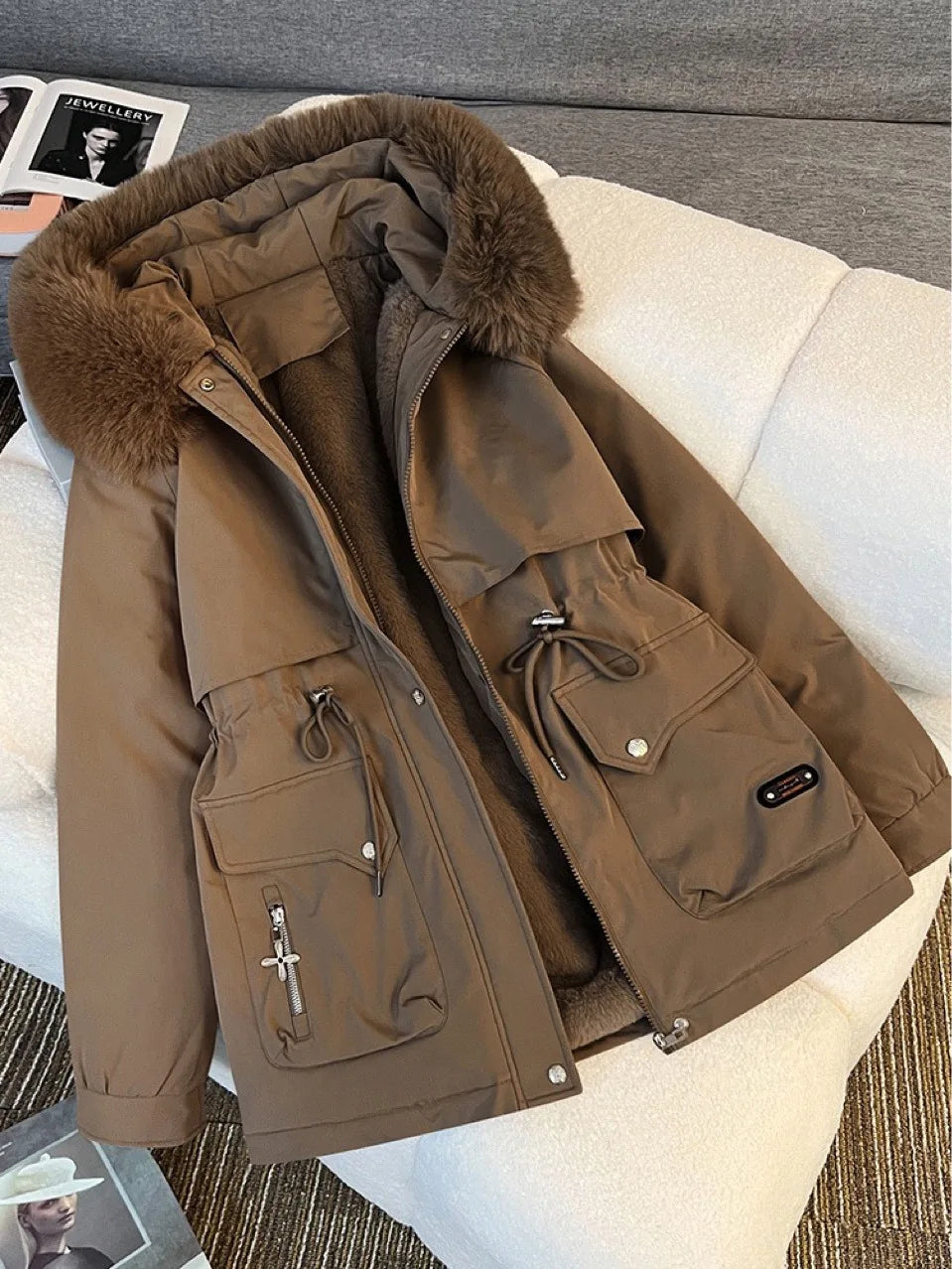 Korean Style Quilted Hooded Coat With Fur Collar For Women