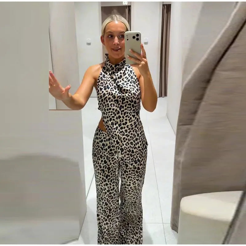 Leopard Print Halter Neck Top And High Waist Flare Pants Set For Women