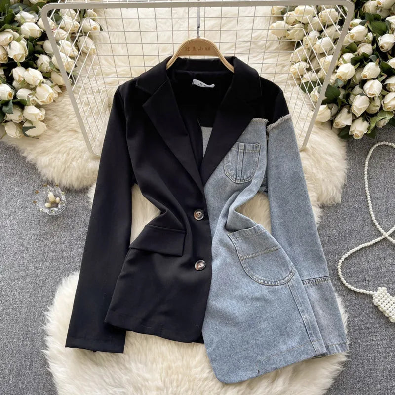 ANJY Autumn New Women Vintage Streetwear Ins Stylish Denim Patchwork Single Breasted Coat Casual Elegant Asymmetric Blazer A8421