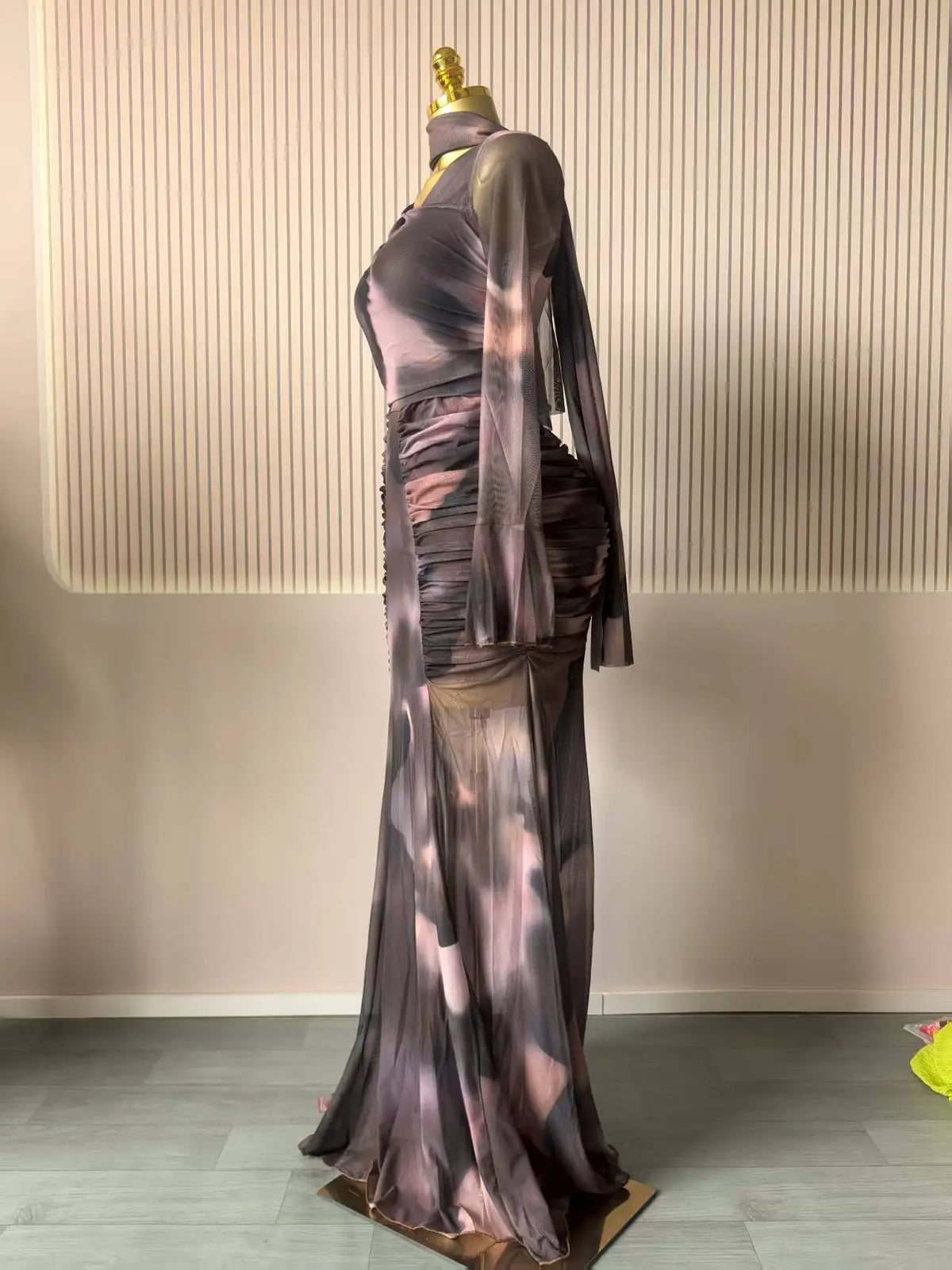 Tie Dye Ruched Skew Neck Long Sleeve Maxi Dress for Women