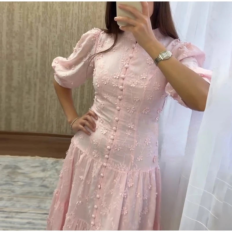 Floral Puff Sleeve Empire Waist Long Dress for Women
