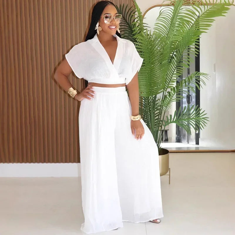 Relaxed Casual Crop Top And Wide Leg Pants Set for Women