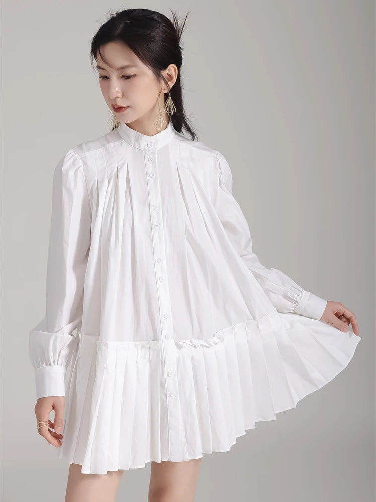 [EAM] Women Blue Pleated Hem Long Big Size Blouse New Stand Collar Long Sleeve Shirt Fashion Tide Spring Autumn 2025 1DH5707