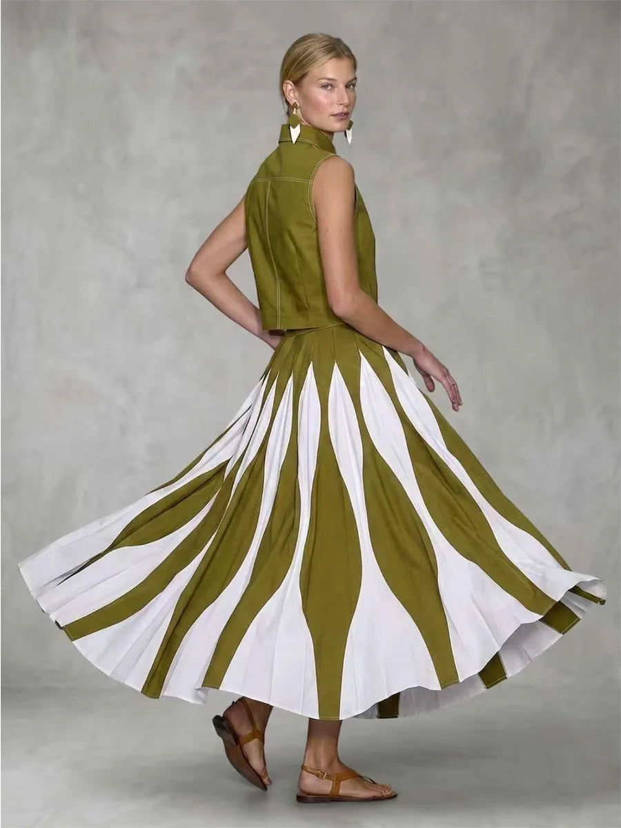 Bonboho 2026 New Women's Elegant Skirt Set Sleeveless Shirt Top & High Waist Pleated Contrast Color Skirt Casual Two-piece Set