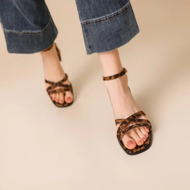 Leopard Print Square Heel Sandals