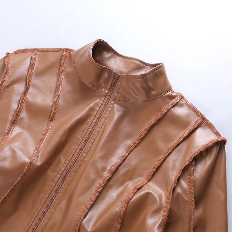 Sexy PU Leather Crop Tops Women Fashion Zipper Slim Fit Stand Collar Long Sleeve Jackets High Street Solid Punk Female Coats