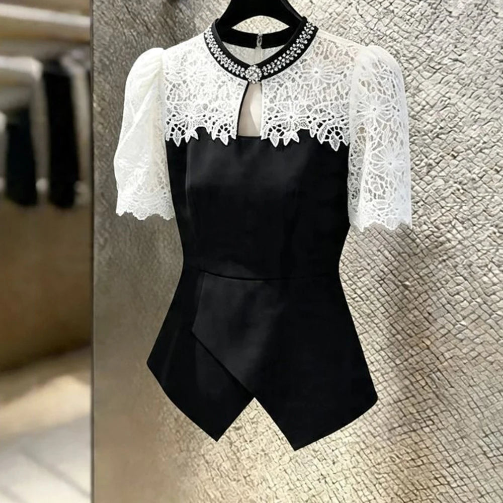 Chic Black Lace Spliced Short Sleeve Summer Shirt For Women