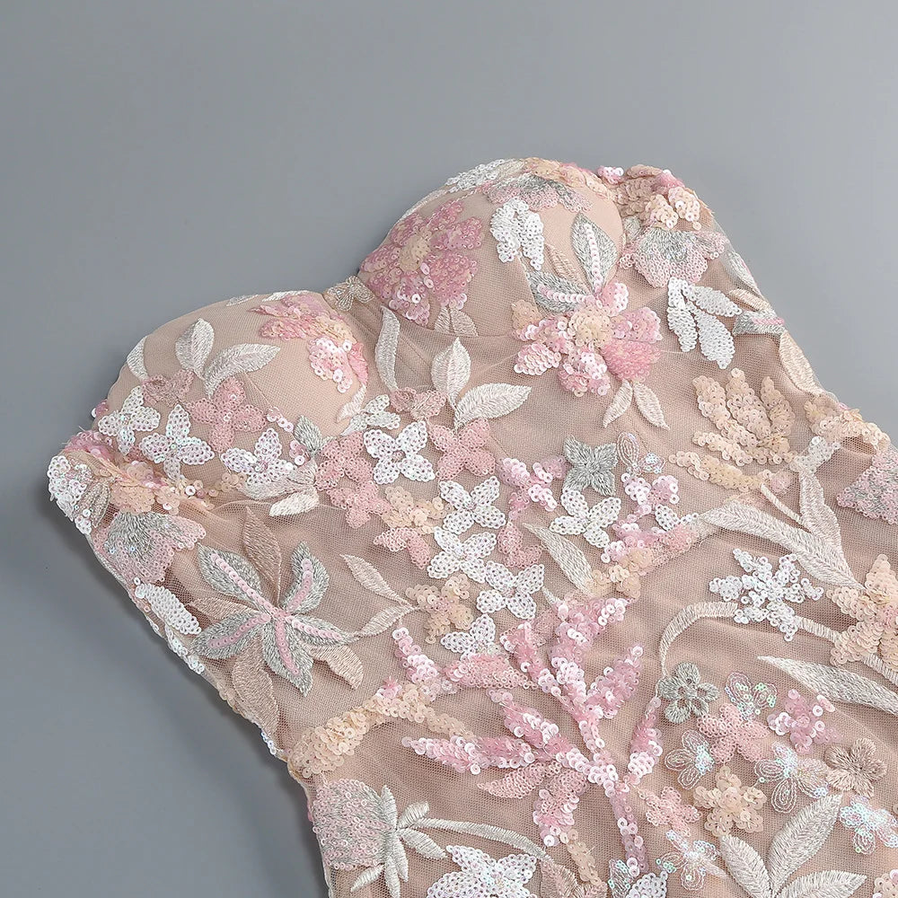 Floral Embroidery Sequin Patchwork Mesh Long Backless Dress for Women