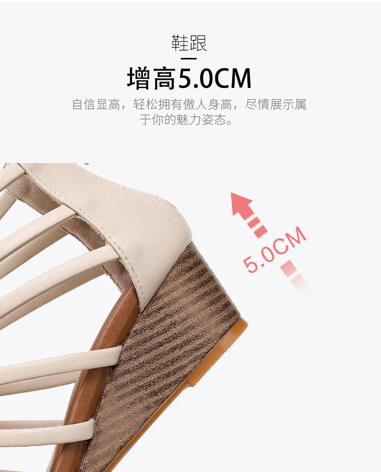 Vintage Hollow Roman Wedge Sandals Round Toe For Women