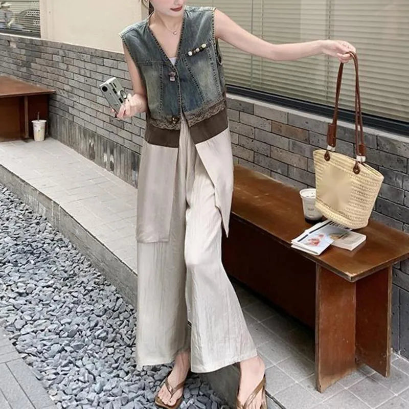 ANJY Summer New Women's High Street Fashion Unique Design Denim Patchwork Contrast Color Button Vest Casual Wide Leg Pants A7944