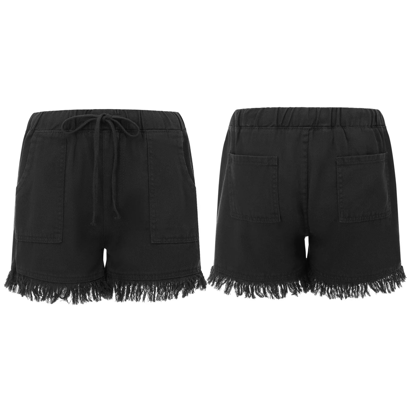 Drawstring Elastic Waist Denim Shorts With Frayed Hem and Pockets for Women
