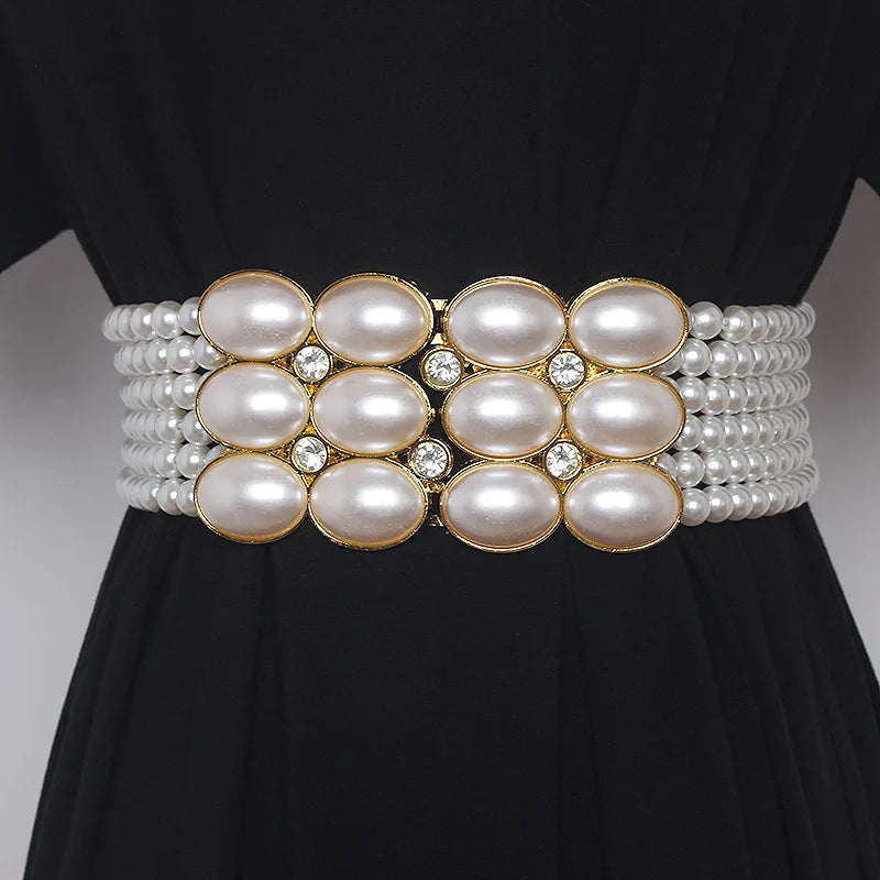Pearl Embellished Elastic Waist Chain Belt for Women