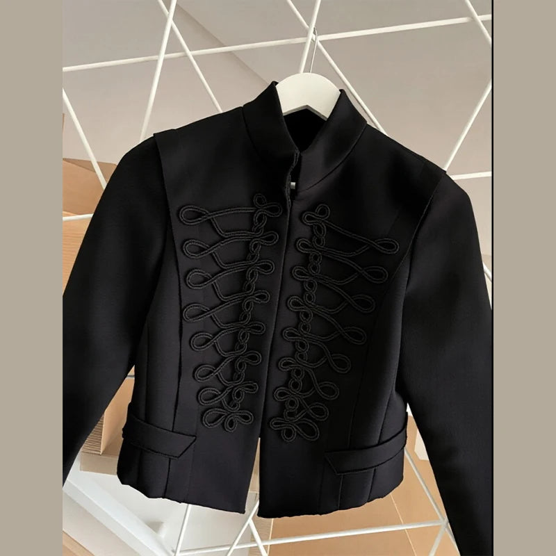 Elegant Satin Frog Button Standup Collar Jacket for Women
