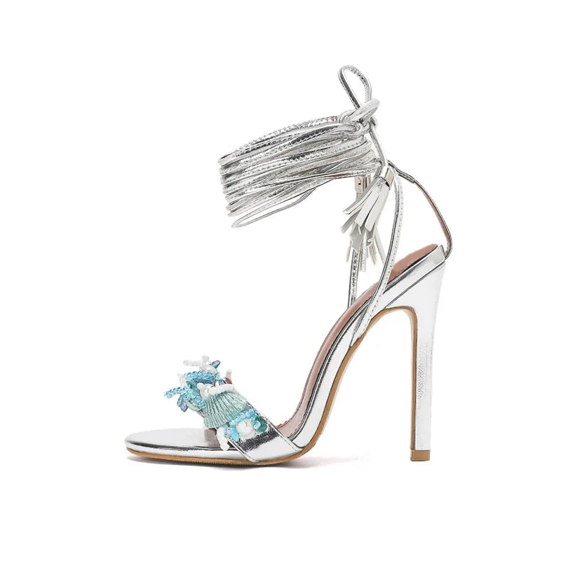 Open Toe High Heel Tassel Ankle Strap Sandals for Women