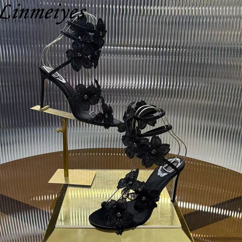 Rhinestone Flower Embellished Wedding High Heel Sandals for Women