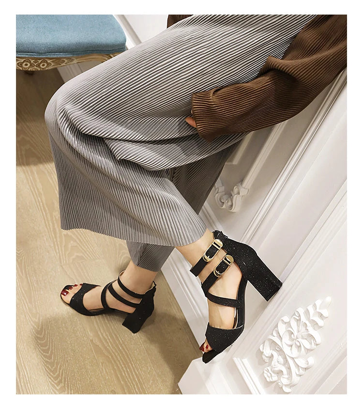 Square Heel Buckle Cross Strap Sandals