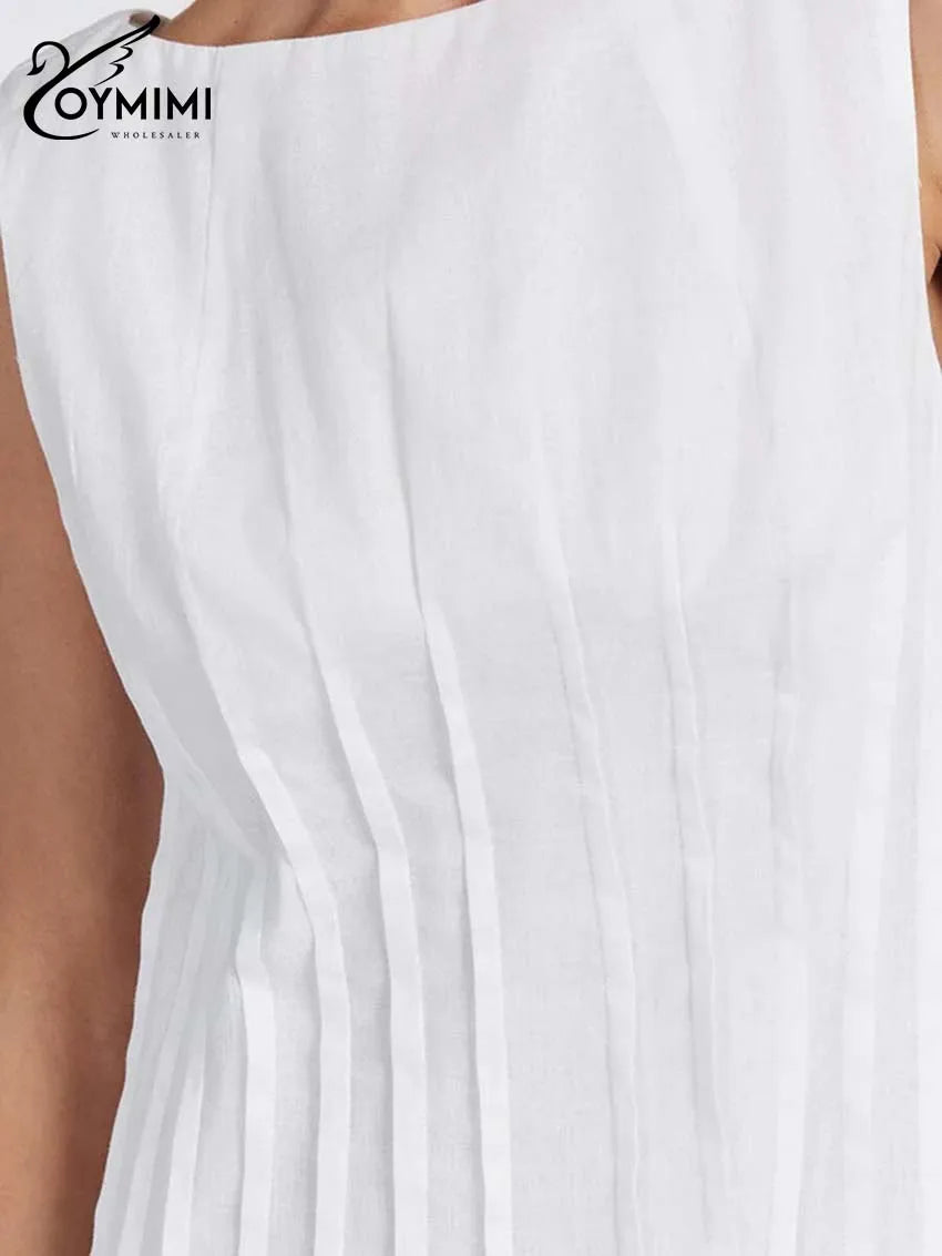 Oymimi Casual White Cotton Womens Dresses Fashion O-Neck Sleeveless Solid Dresses Elegant Open Back Ankle-Length Dress Female