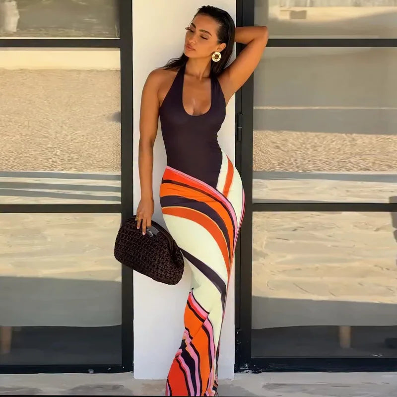 Elegant One Shoulder Printed Mid-Calf Dress for Women