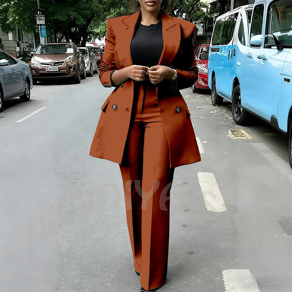 High Quality Women Suits Double Breasted Straight Formal 2 Piece Jacket Pants Peak Lapel High Street Daily Office Casual Suit