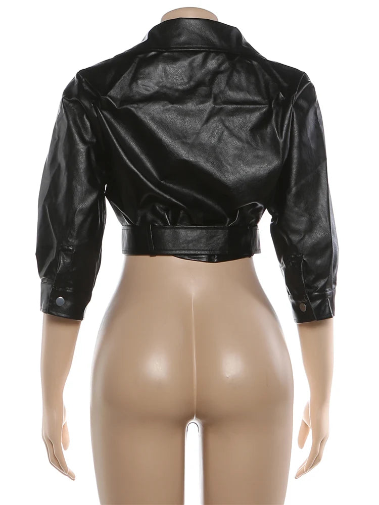 Elegant Belted Faux Leather Cropped Jacket for Women