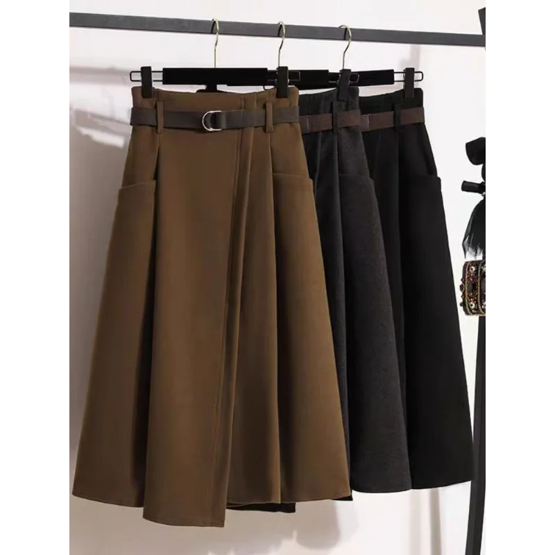 High Waisted Black Wool Midi Skirt With Pockets for Women