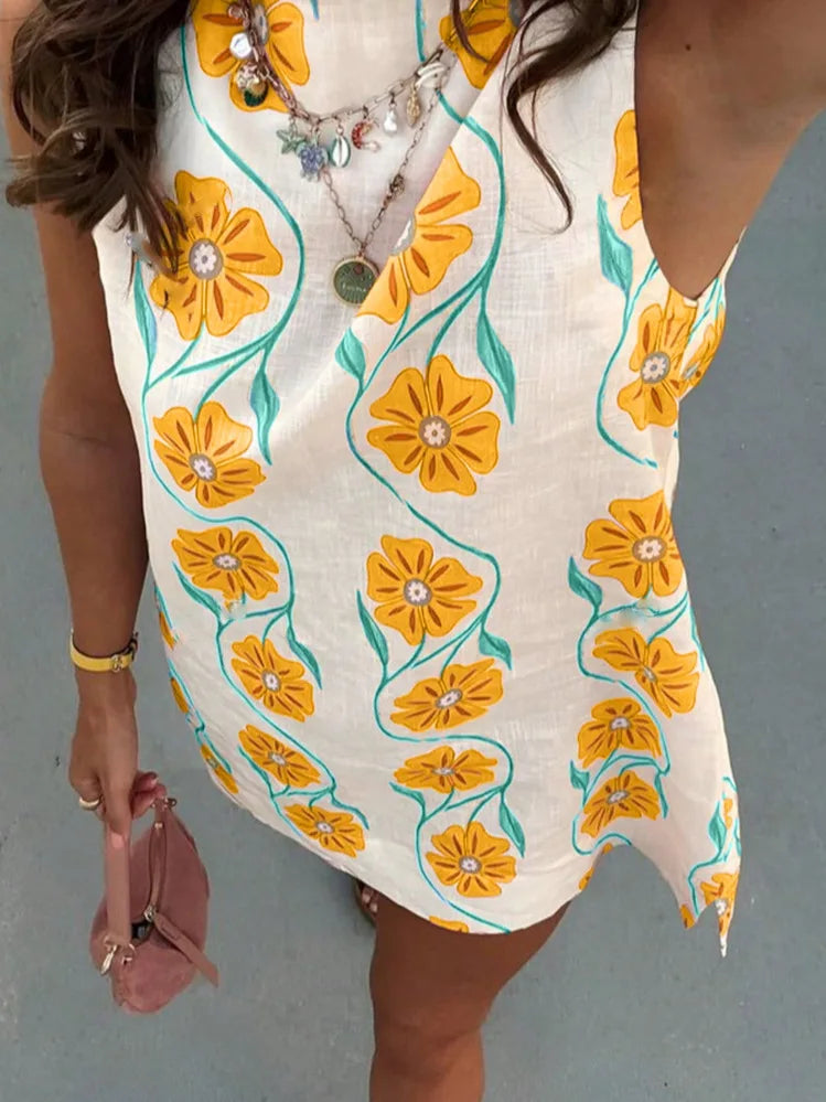 Floral Print Sleeveless Round Neck Mini Dress With Back Keyhole for Women