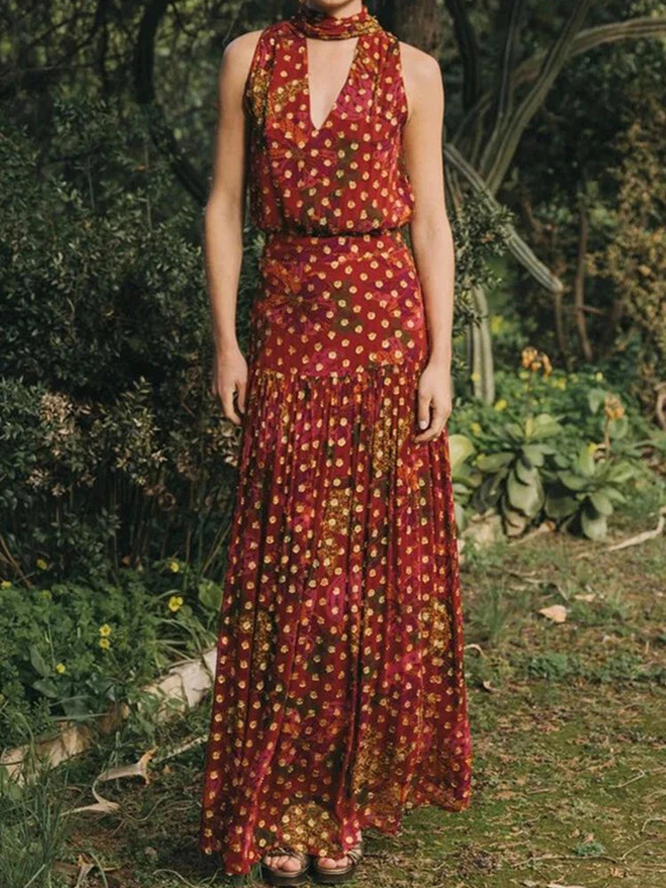 Bohemian Print Two Piece Top and Maxi Skirt Set for Women