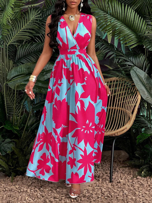 Vintage color contrast sleeveless V-neck dress, unique print interpretation elegant style