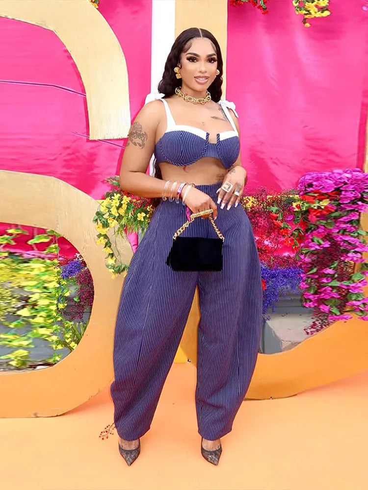 Striped Contrast Sleeveless Crop Top And Pants Set For Women