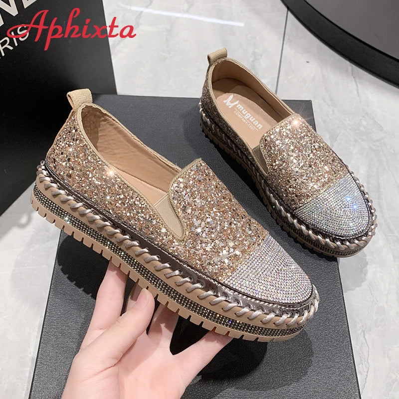 Soft Faux Leather Sequined Platform Loafers For Women