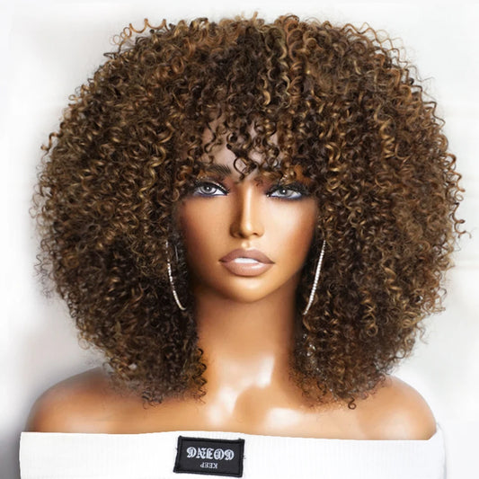 Glueless Peruvian Human Hair Short Curly Wig With Bangs for Women